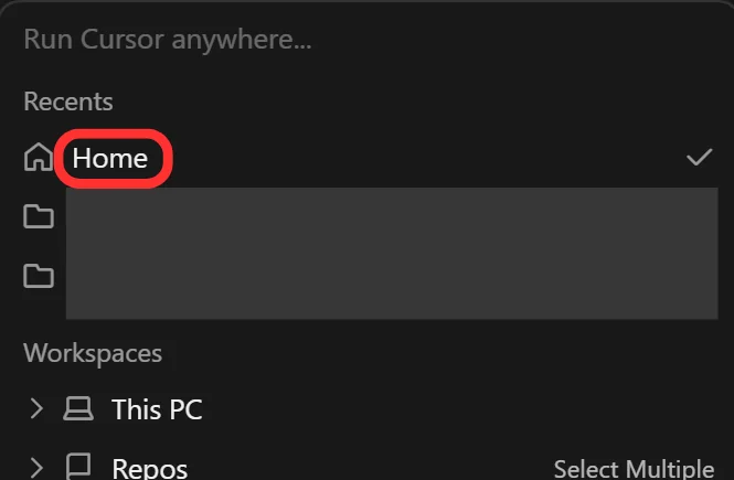 Cursor 内のワークスペースを選択する画面