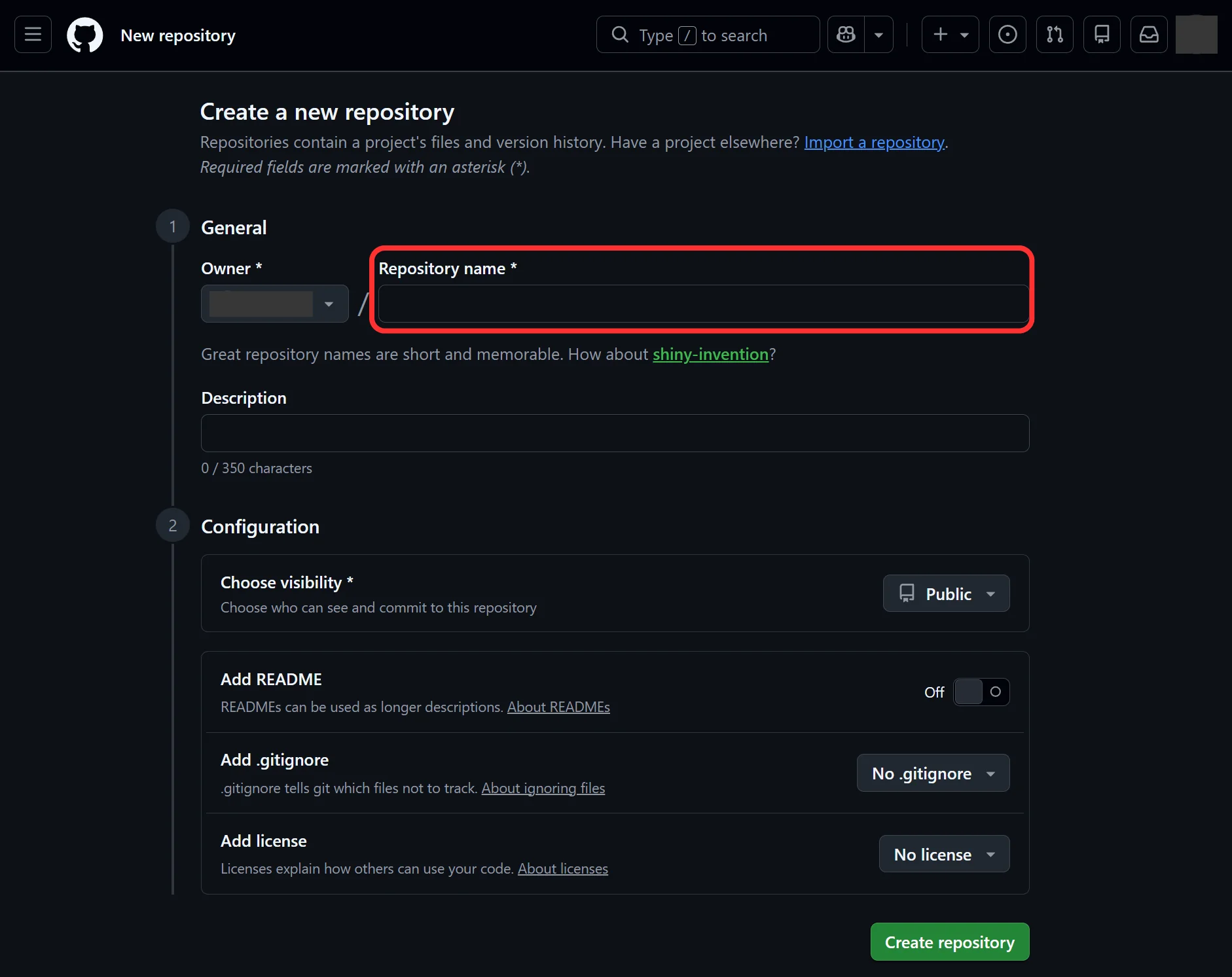 GitHub リポジトリ作成画面