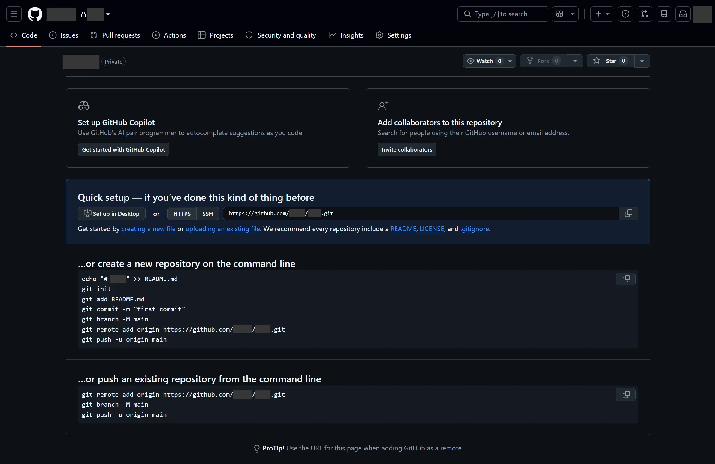 GitHub リポジトリ作成後の初期画面(QuickSetup)