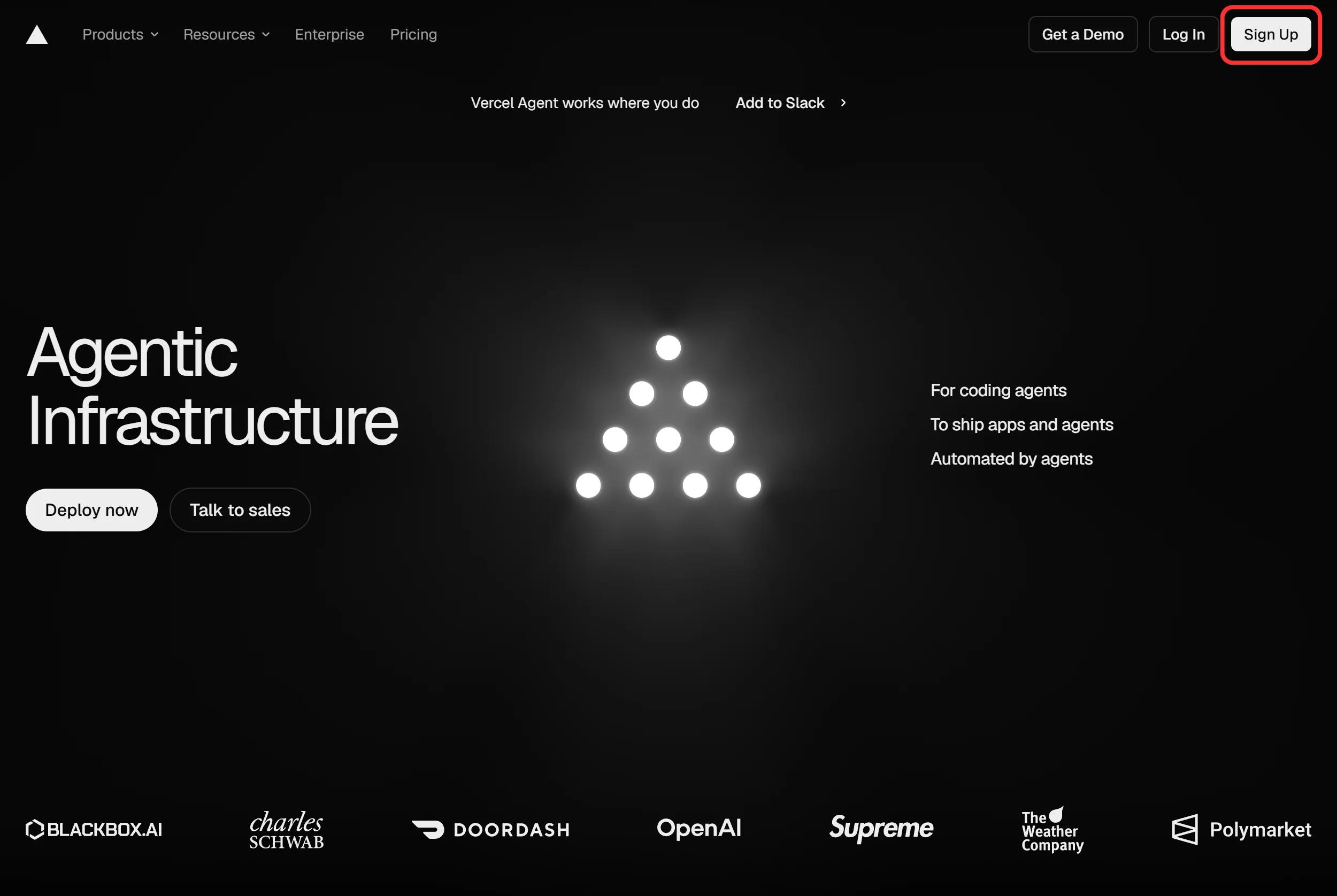 Vercel 公式サイトの Sign Up ボタン